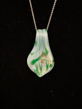 Handcrafted Artisan Glass Pendant Necklace Blue Green Gold Flecks Pearl 26"